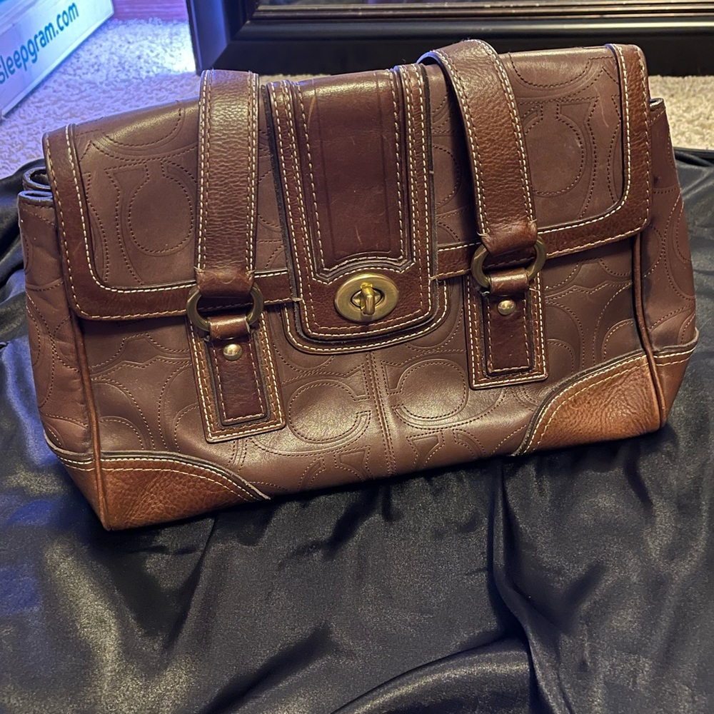 Coffee brown leather with stitch design, Authentic Coach